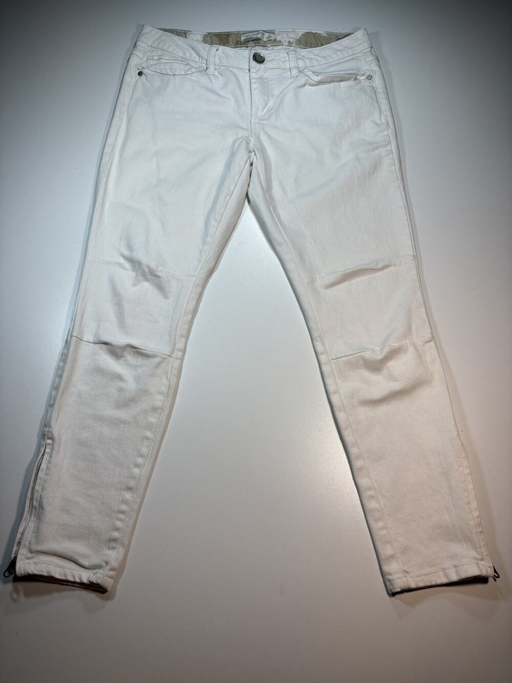 Inked & Faded Cream Skinny Jeans Women's Size 6 Petite Moto Zip Ankle Stretch